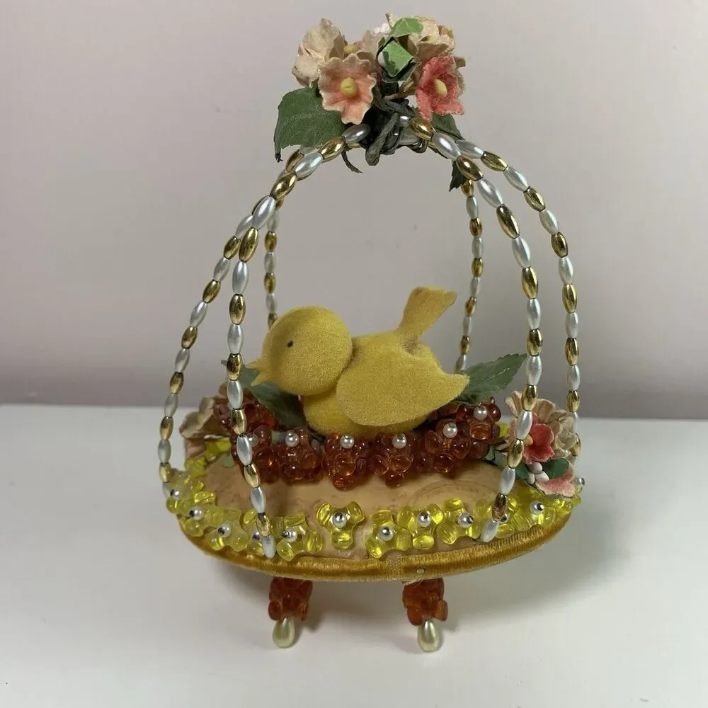 Vintage Beaded Push Pin Easter Basket 5.5” Tall Soap Beads Felt Chick Flowers